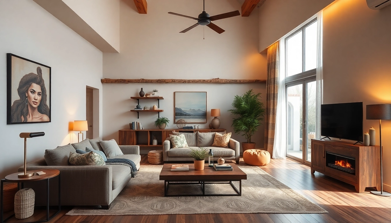 View of a stylish entire interior showcasing a cozy living room with rustic charm and modern decor.