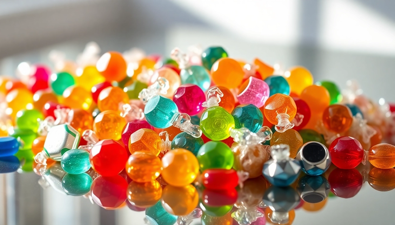 Vibrantly colored crystal candy sparkling on a reflective surface, showcasing their jewel-like beauty.