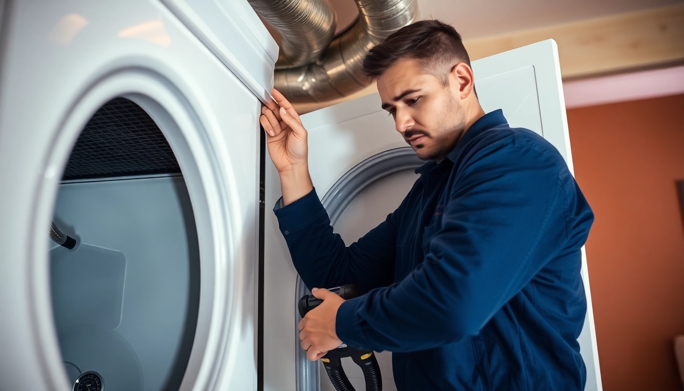 Expert dryer vent cleaning Salt Lake City services performed by a technician in a residential setting.