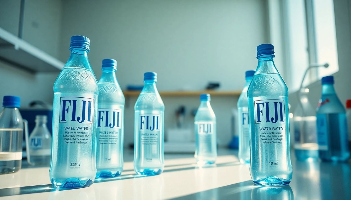 View of Fiji water bottles during the fiji water recall 2024 testing for contaminants in a laboratory setting.