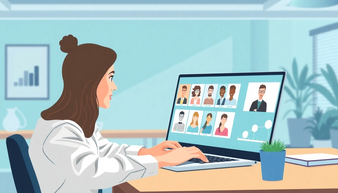 Discover careers through virtual shadowing with a person observing professionals online in a modern workspace.