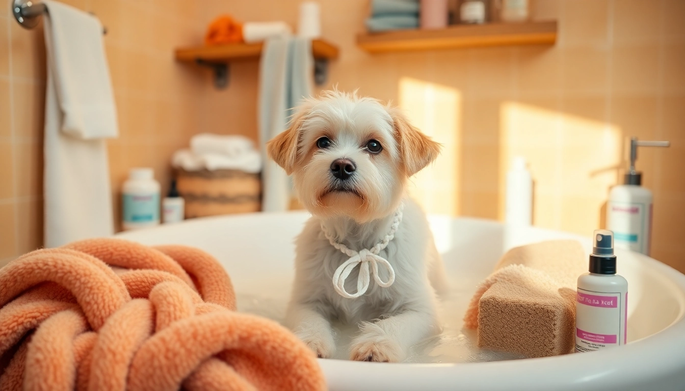 Pamper your pet in a luxurious spa setting featuring a dog enjoying a soothing bath with plush towels.