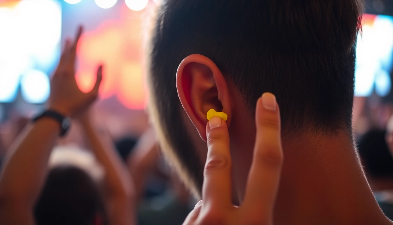 Inserting a bright yellow ear plug in ear for noise reduction during a loud concert.