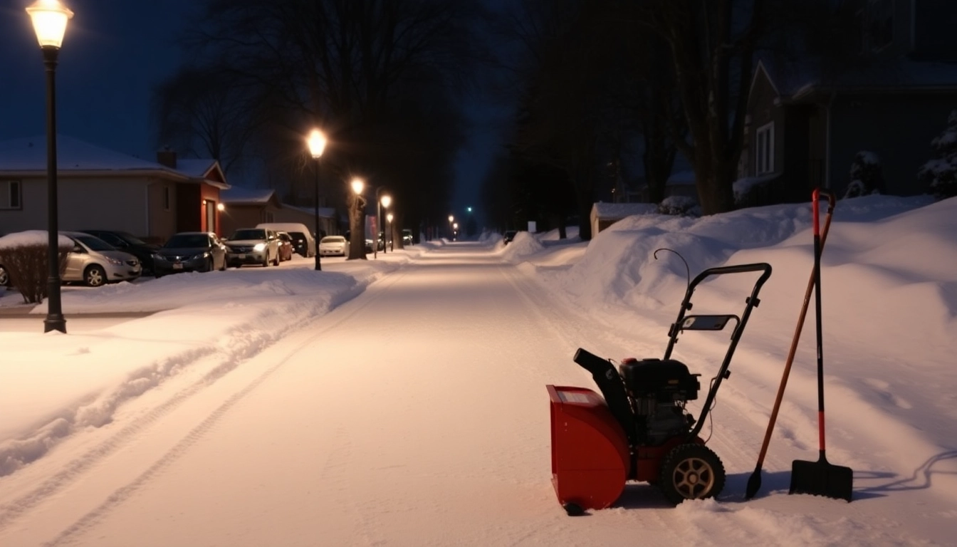 Snow removal from a driveway showcasing a snow blower and shovel against a wintery suburban backdrop.