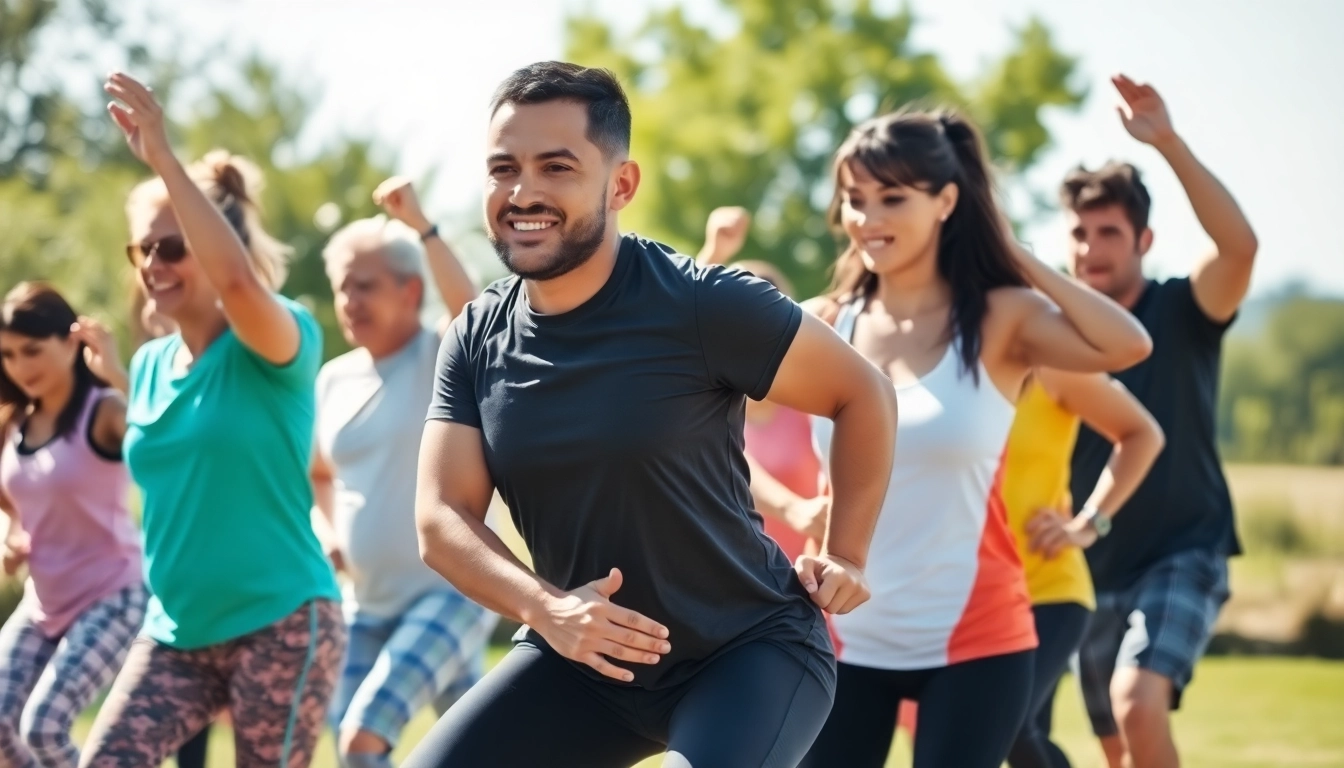 Engaging group mobility training session demonstrating various exercises outdoors.