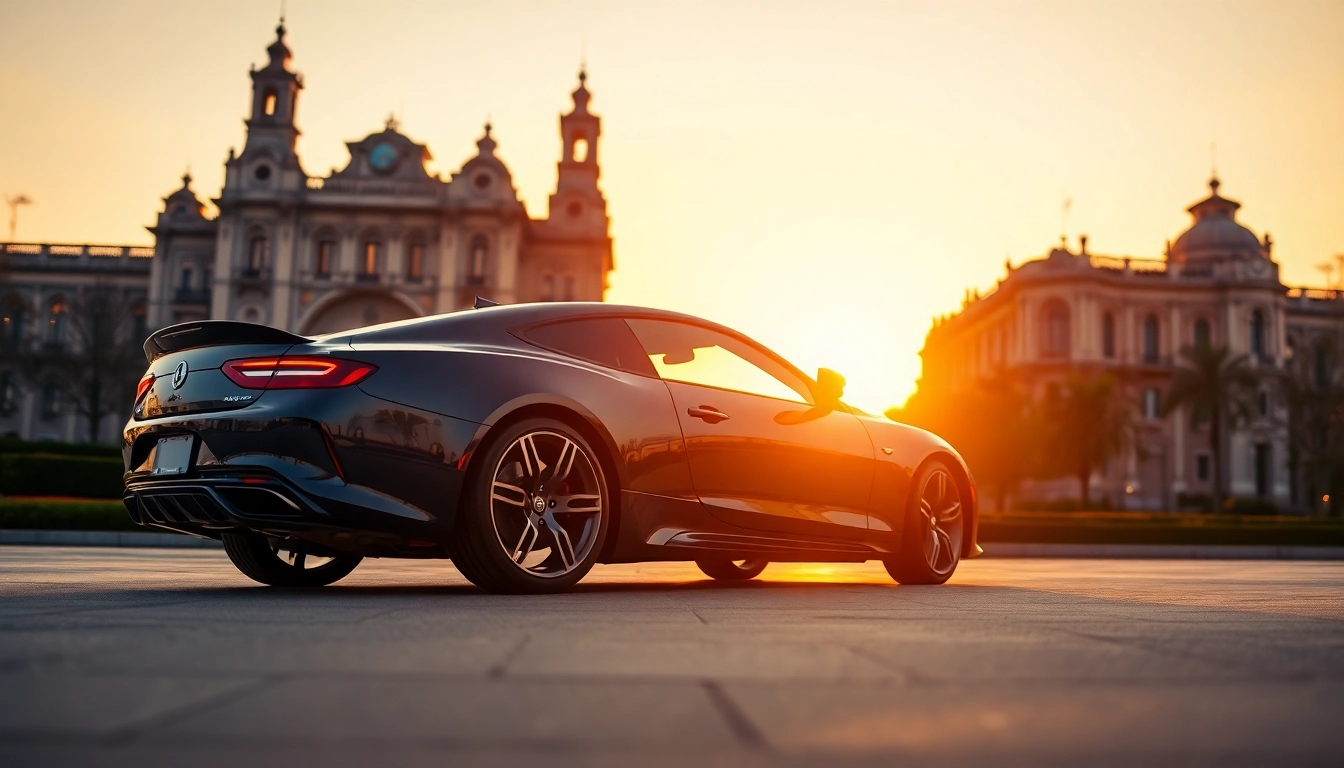 Book a cheap car rental with driver in Madrid next to a stunning landmark at sunset.