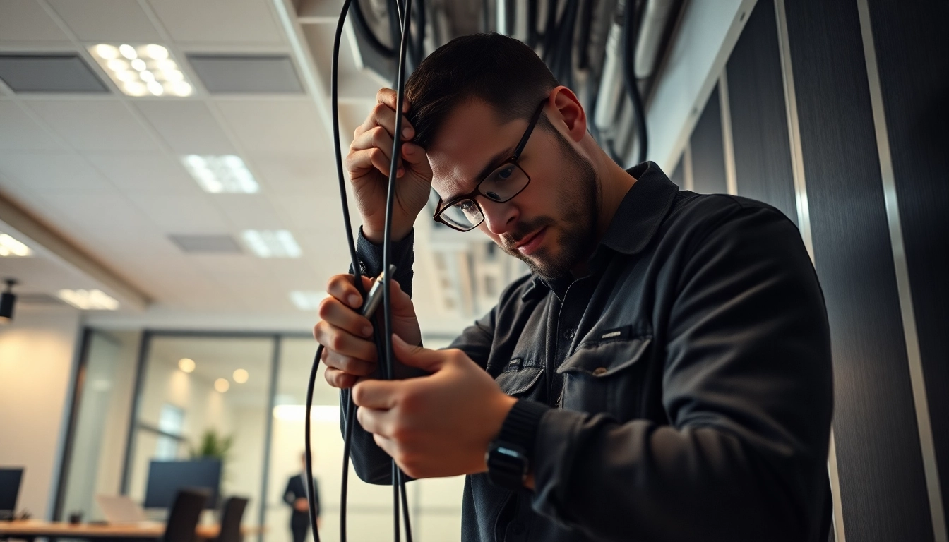 Efficient Data Cable Installation service showcased by a technician setting up modern network infrastructure.