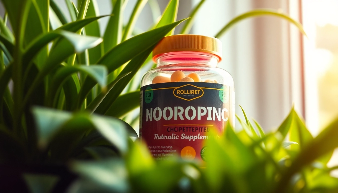 Enhance cognitive function with nootropics in a vibrant supplement jar amidst lush greenery.