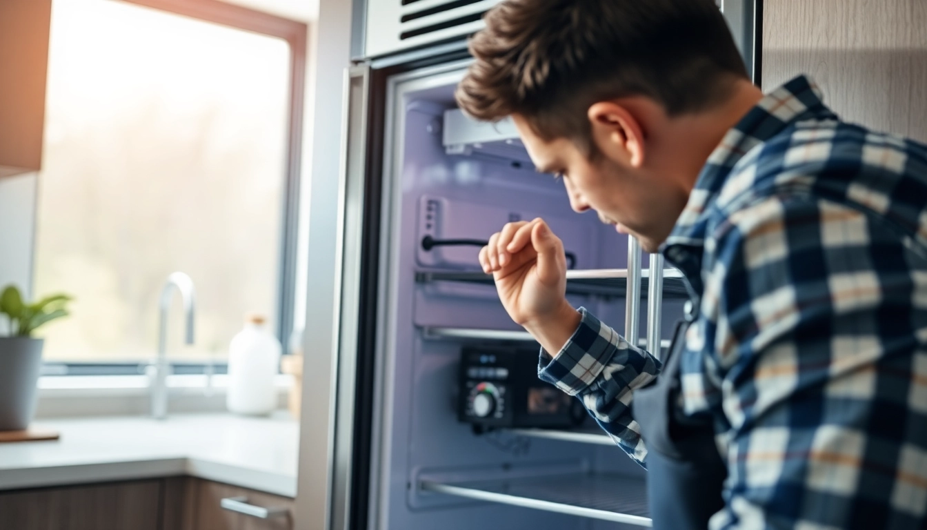 Technician performing a beverage cooler repair, checking the components for efficiency.