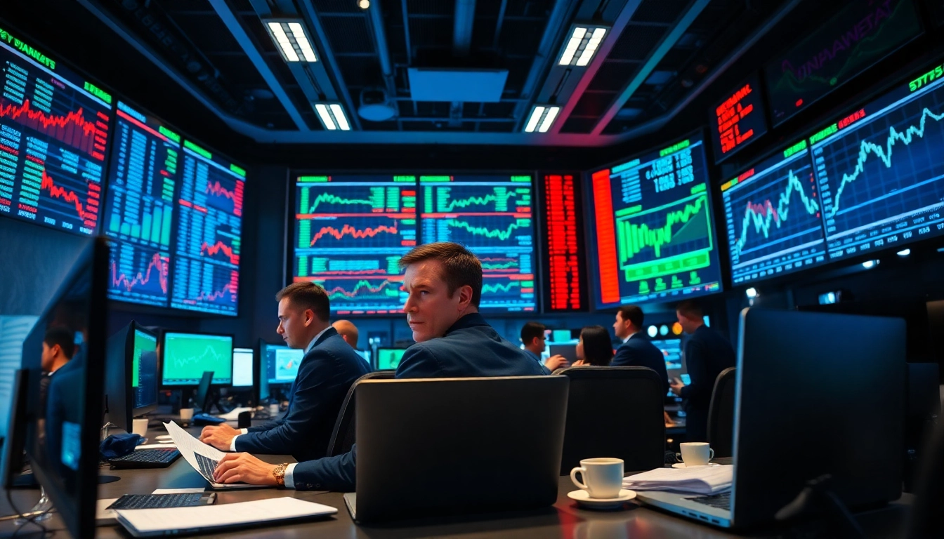Analyze trade futures with expert traders in a dynamic trading room filled with market data screens.