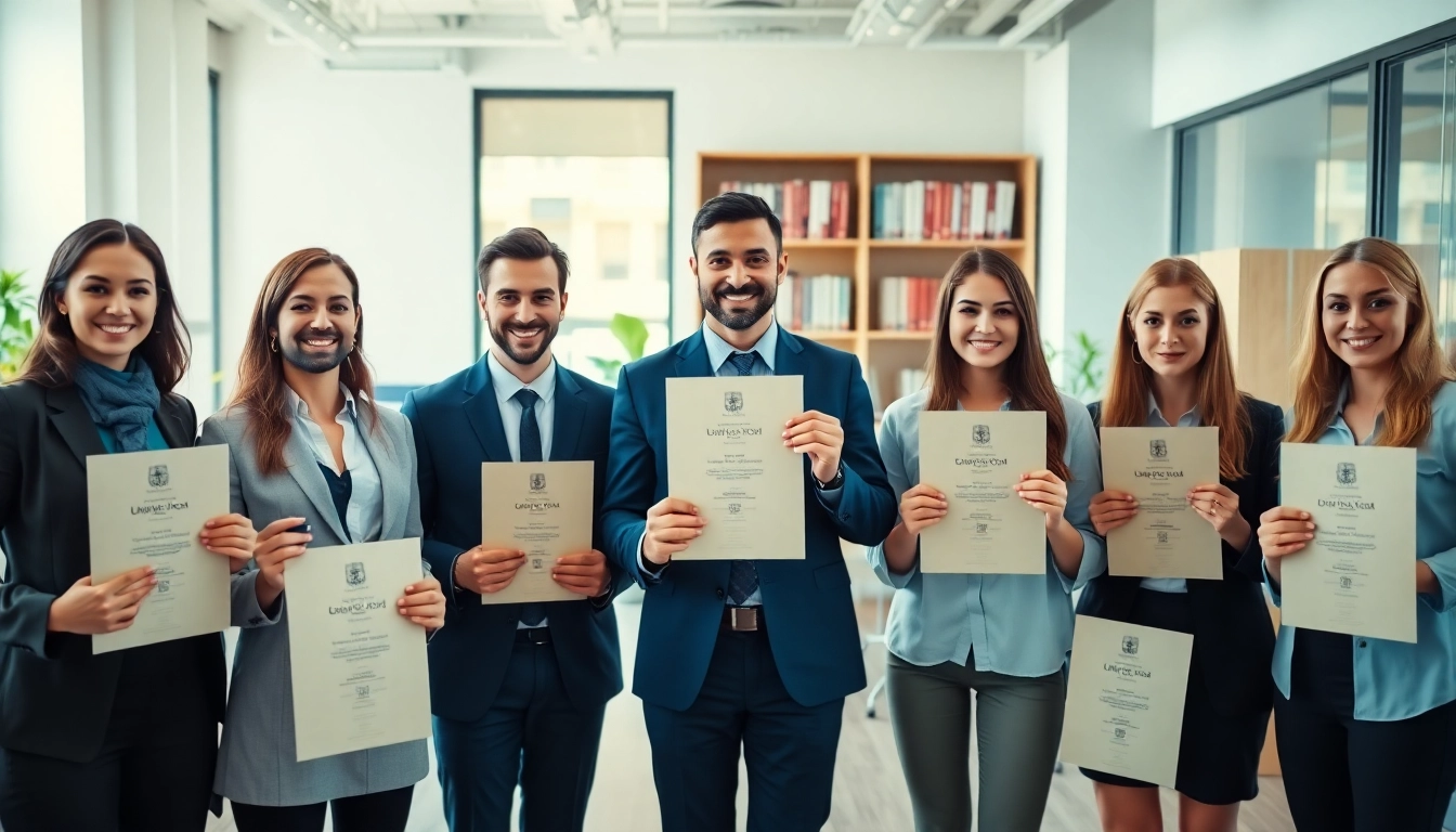 Individuals celebrating with their original university degree UK in a modern office setting.