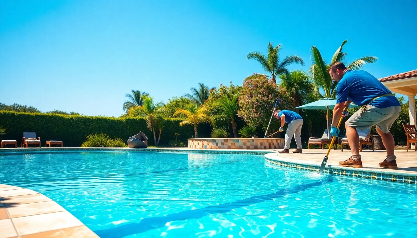 Skilled team from a pool renovation company revitalizing a swimming pool with vibrant tiles and clear water.