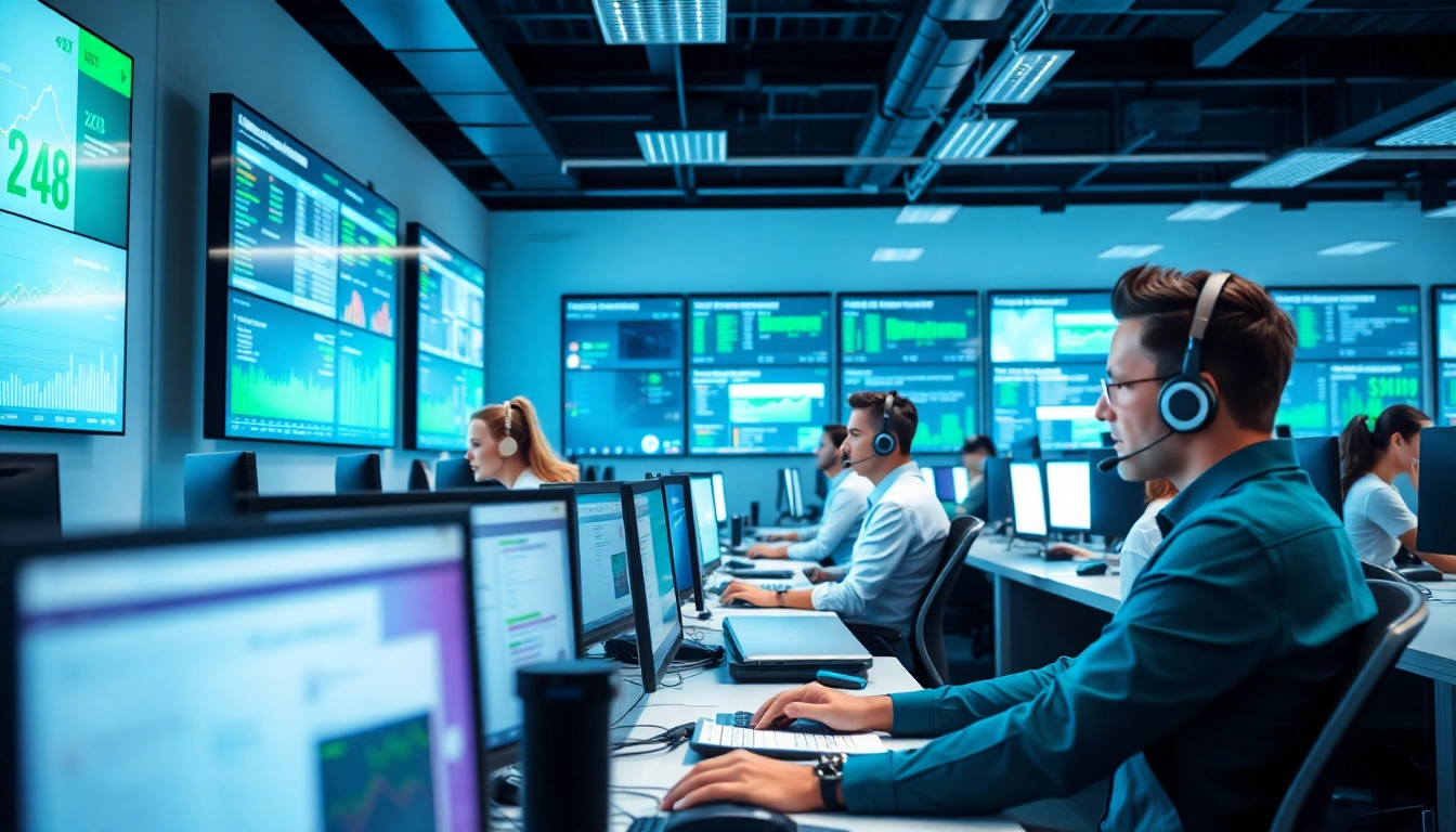 Illustrating Call Center Pricing strategies, agents work together in a vibrant call center environment.