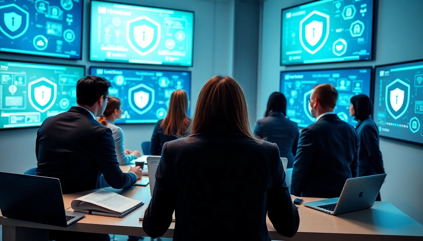 Engaged learners participating in cyber security training in a dynamic classroom setting.