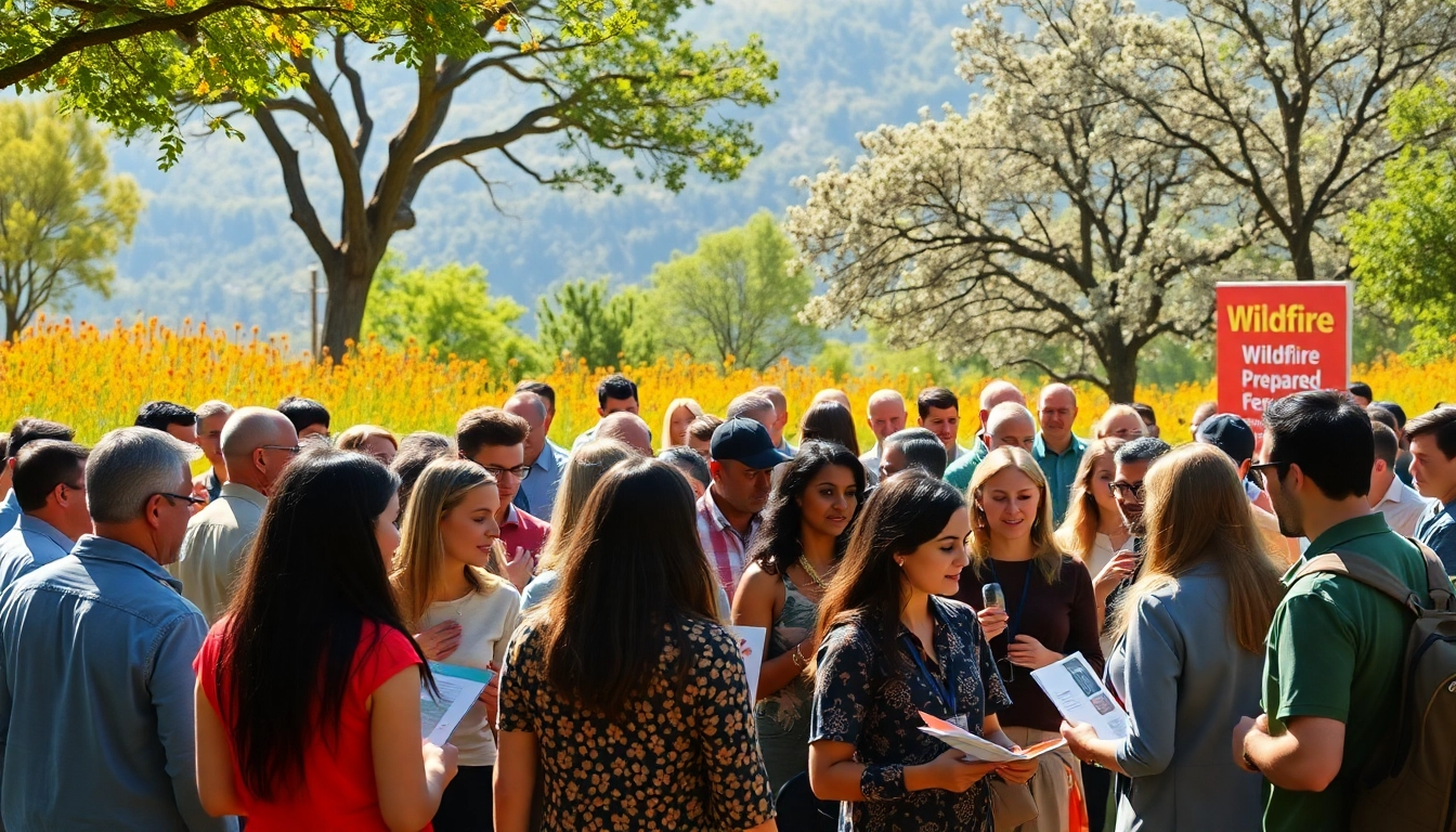 Engaged participants at wildfire events share ideas in a vibrant outdoor setting.