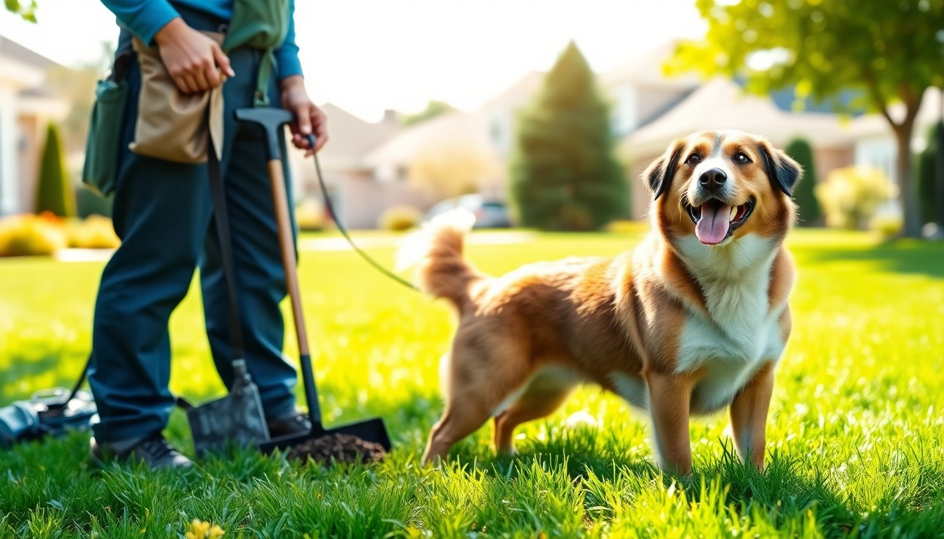 Dog poop cleaning service technician providing professional lawn care in a clean, vibrant yard.