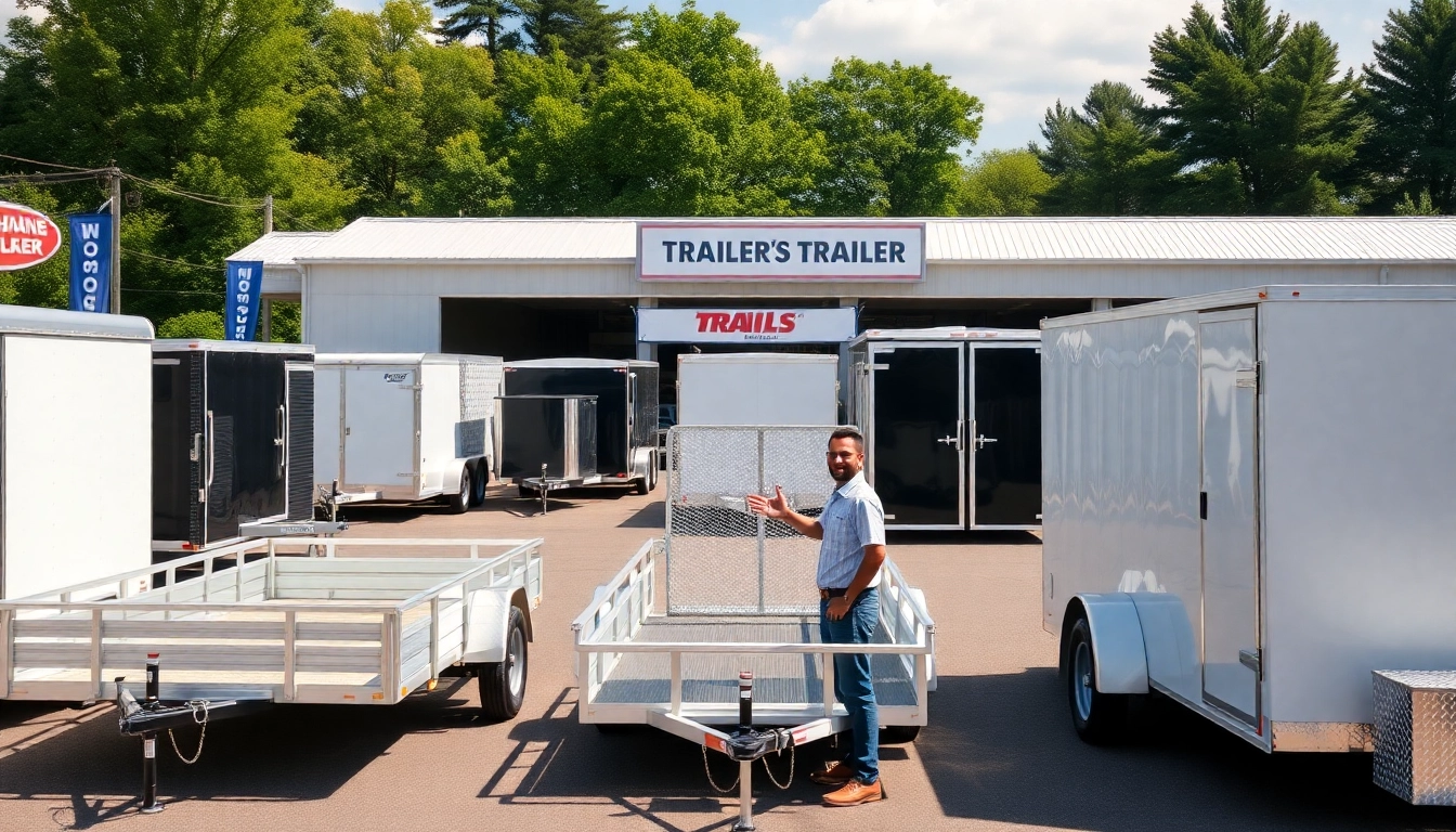 Showcase of trailers for sale in Massachusetts with a variety of options displayed at a vibrant dealership.