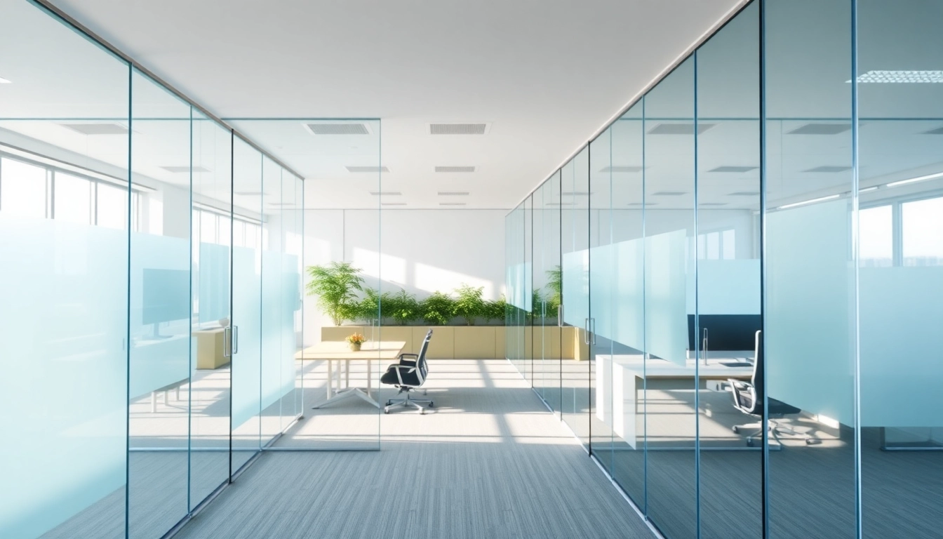 See movable glass partitions enhancing office space with a modern design and clarity.