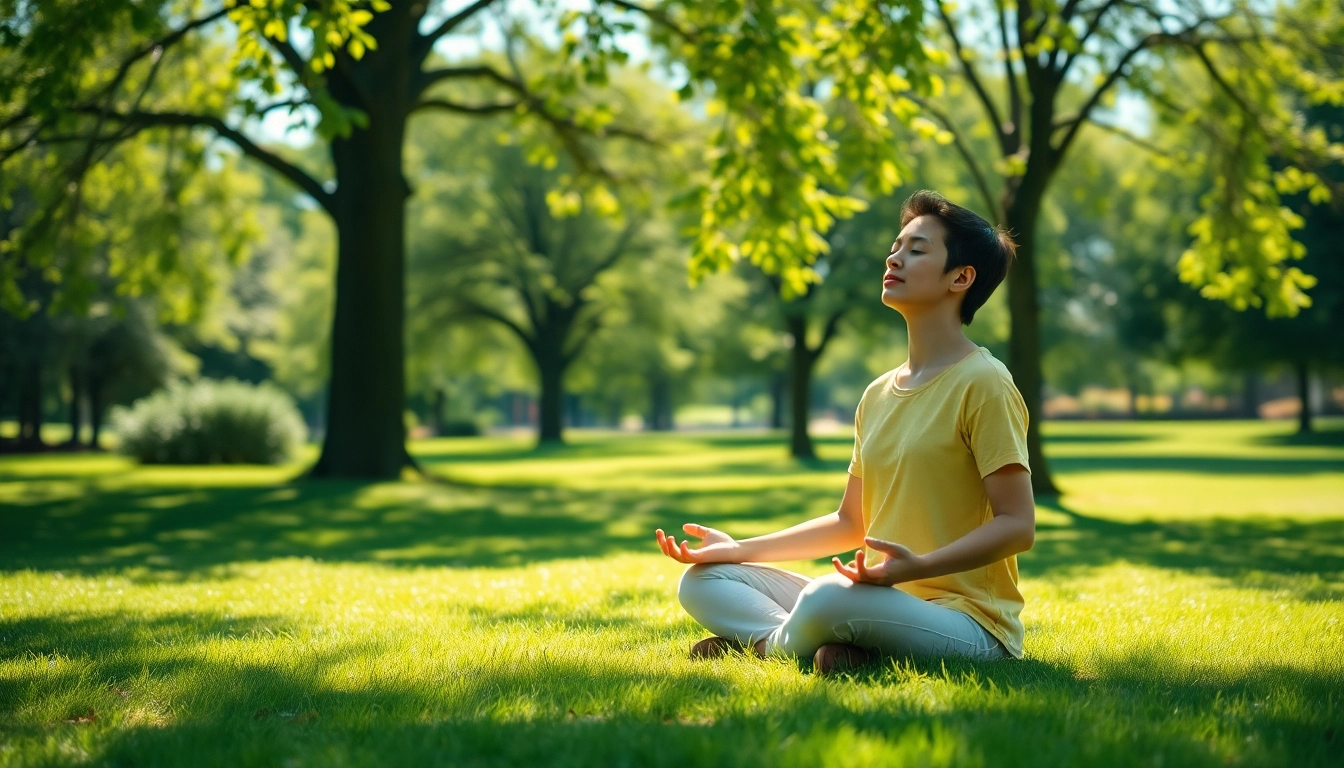 Practicing mindfulness to cope with dealing with anxiety in a serene park setting.