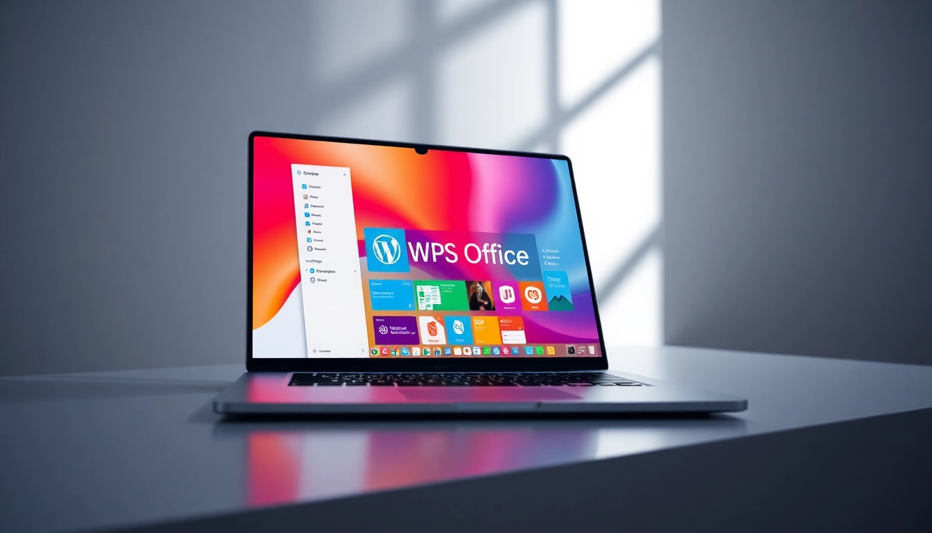 Highlight wps office下载 features on a laptop screen with modern design and vibrant aesthetics.