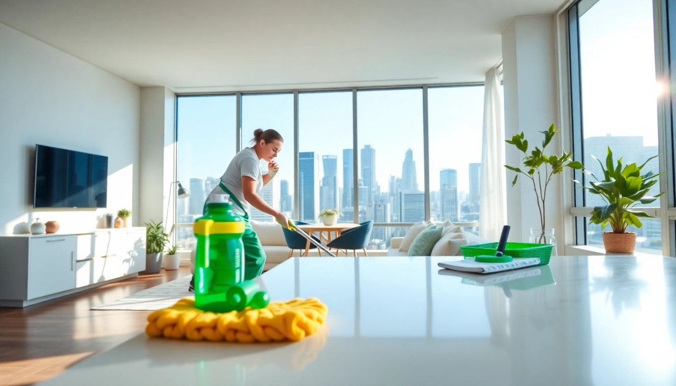 Efficient bond cleaning brisbane showcasing a professional cleaner in action within a modern apartment.