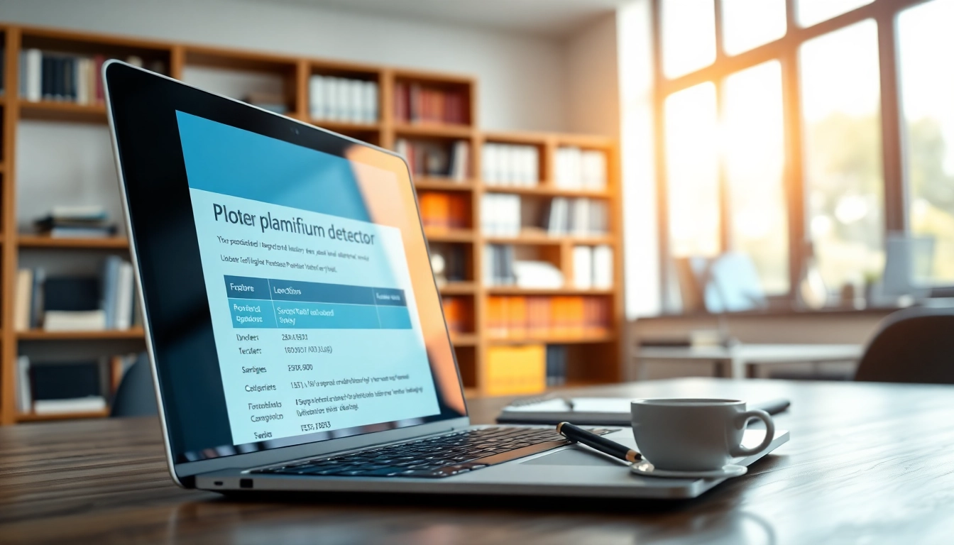 Analyze your work with an advanced plagiarism detector on a laptop in a bright office.