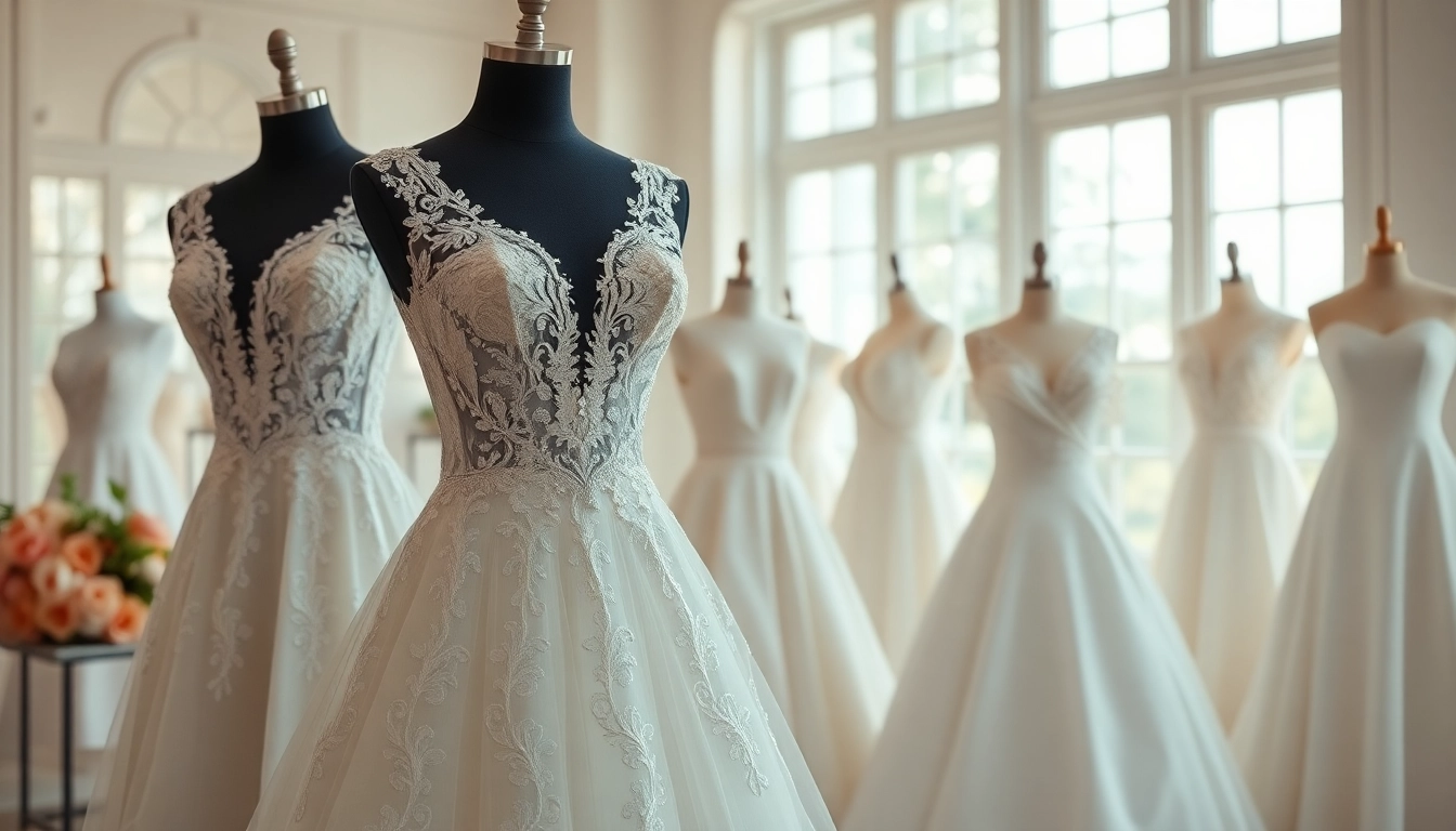Admire reception wedding dresses with elegant lace details in a beautifully arranged boutique setting.