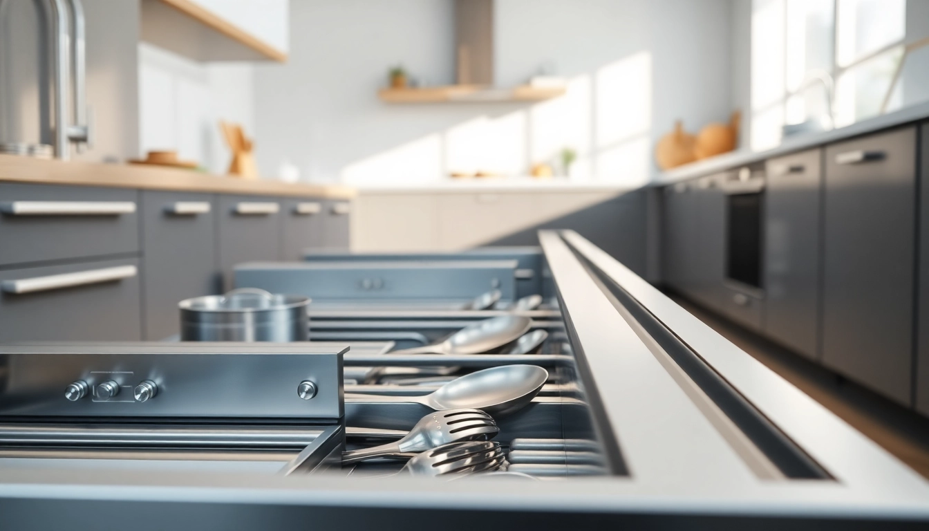 View a high-quality metal drawer system with smooth slides and organized utensils in a modern kitchen.