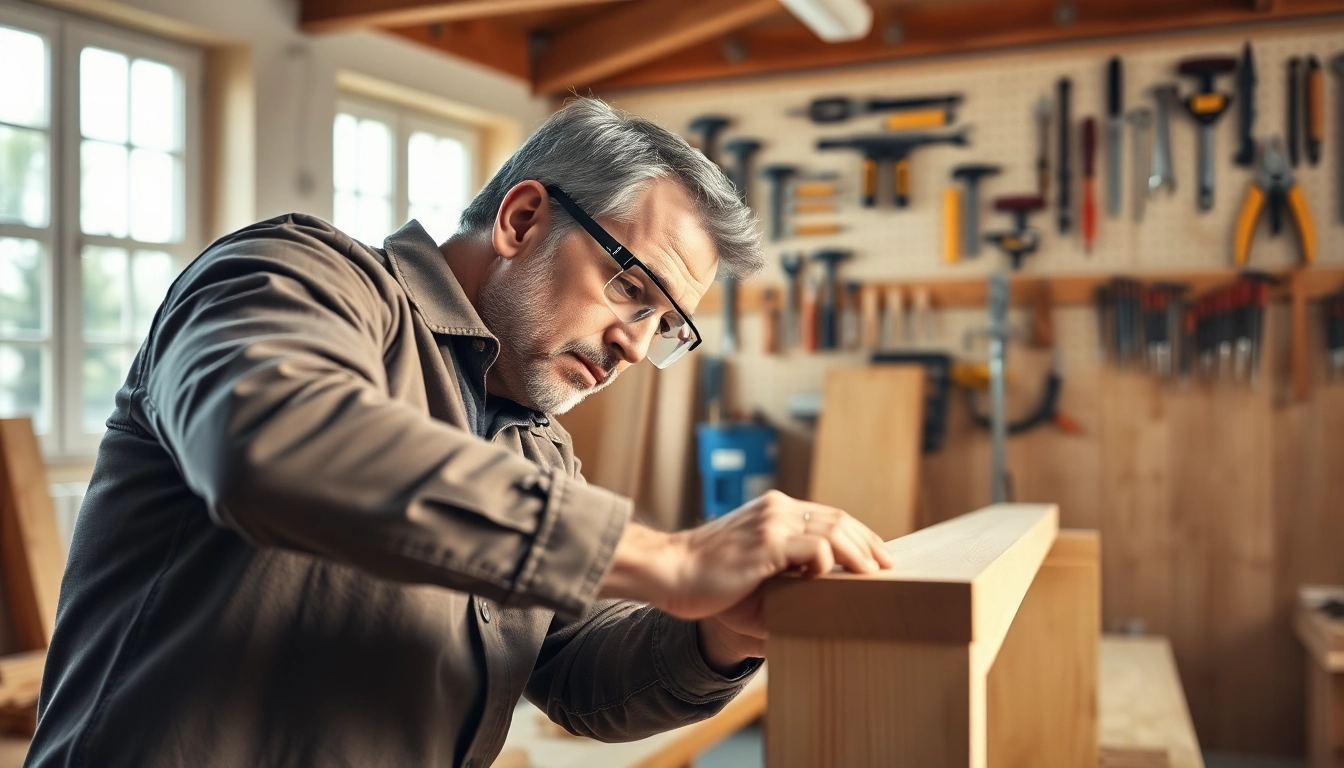 Hands-on carpentry apprenticeship near me with a carpenter measuring wood in a bright workshop.