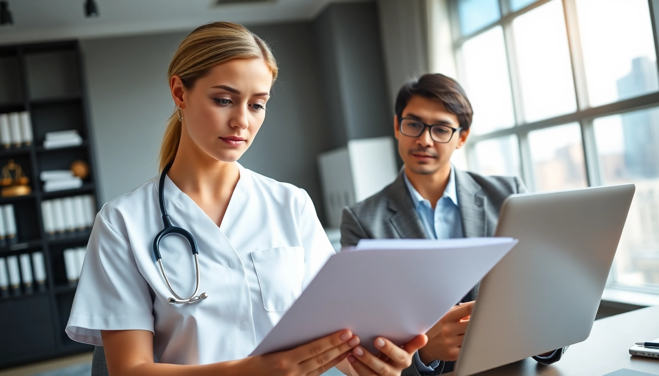 Nurse discussing VDAP Program in Alabama with legal advisor in a modern office.