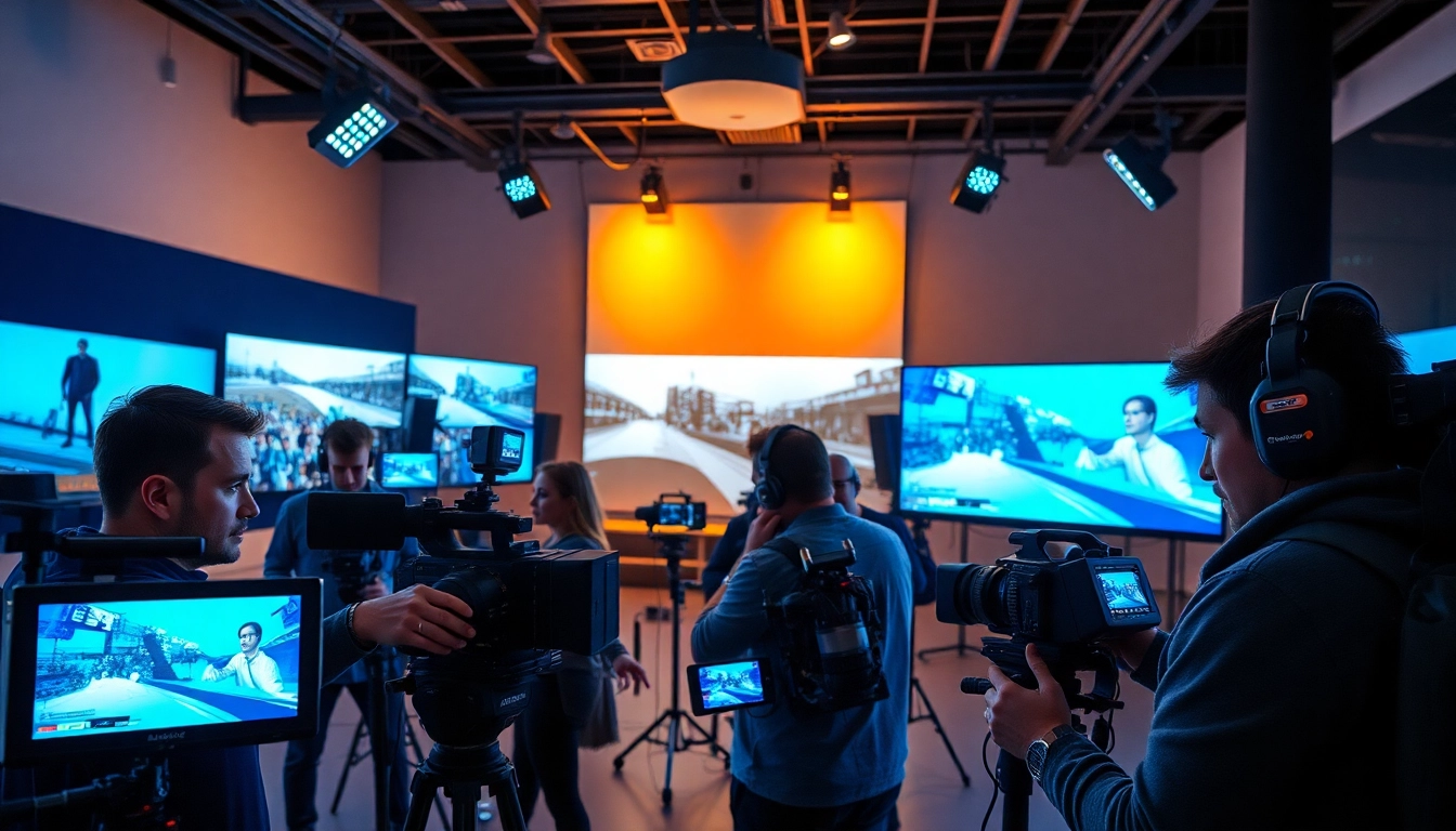 Professionals engaged in video production Edmonton studio with advanced equipment and vibrant atmosphere.