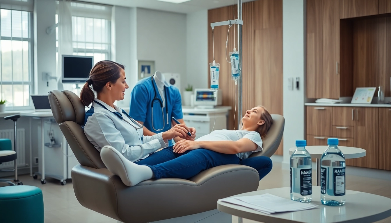 NAD IV therapy side effects being discussed with a healthcare professional in a calming clinic.