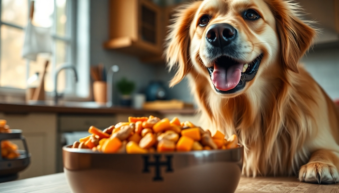 Dog enthusiastically eating badlands ranch dog food in a warm, inviting kitchen.