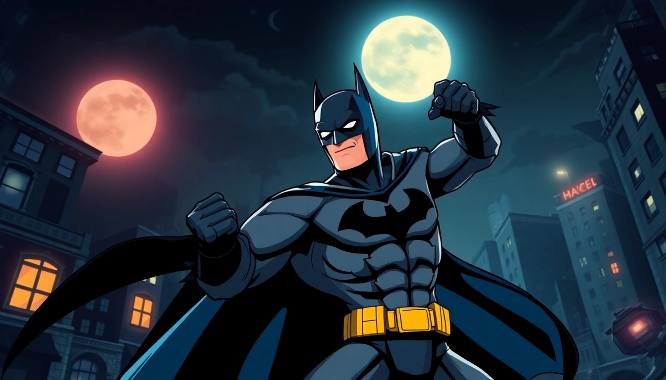 Bermain game batman138 dengan karakter superhero dalam pose heroik di kota.