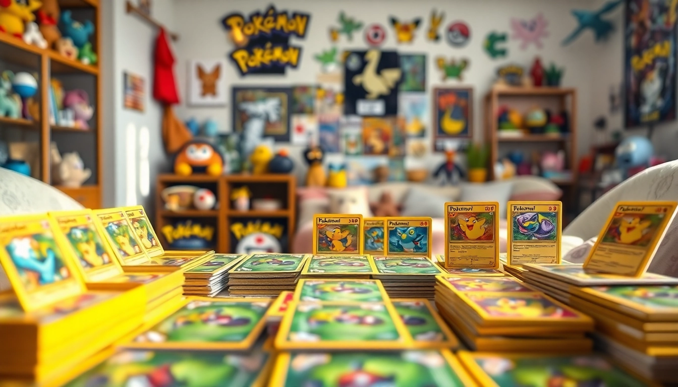 Showcase of real pokemon cards in India displayed artistically on a table with memorabilia.