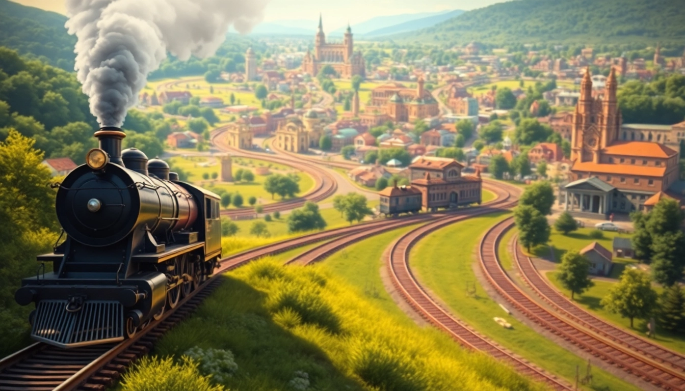 Experience the thrill of railroad tycoon free download with a vintage steam locomotive illustration.