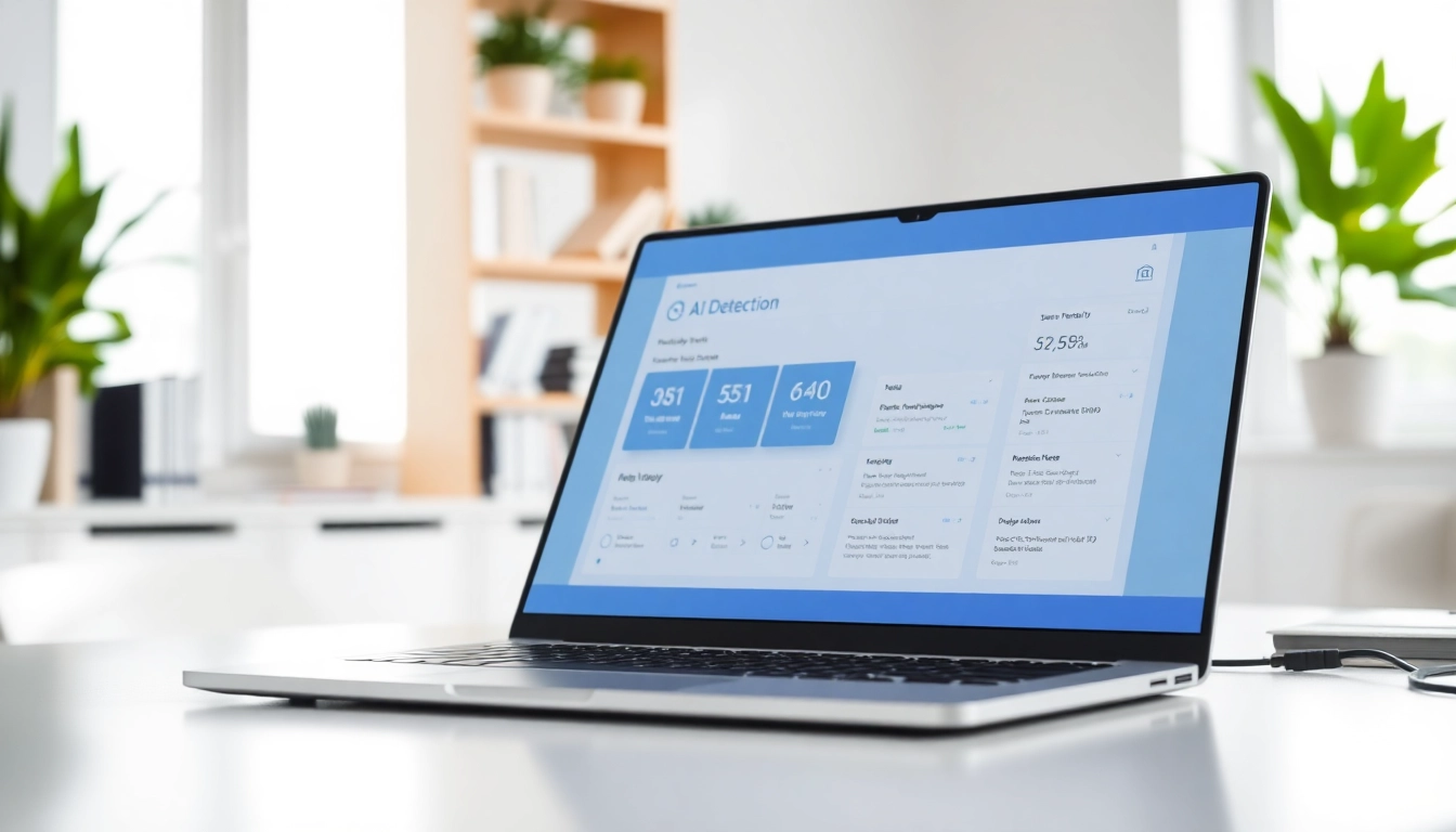 Analyze AI detection results on a sleek laptop in a bright office setting.