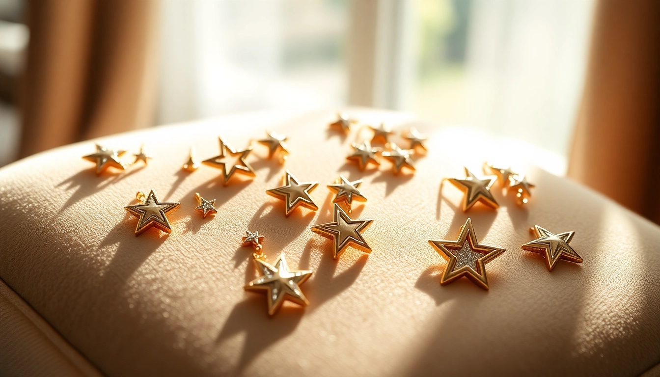 Showcase of earrings gold stars elegantly displayed on a velvet cushion