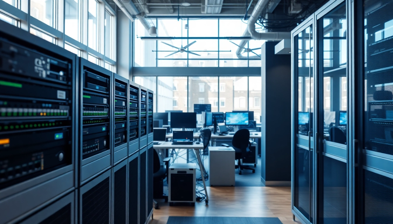 Showcasing network infrastructure in a professional office with modern server setups.
