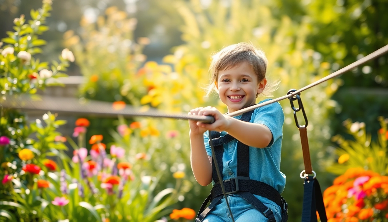 Happy child using a GARDEN ZIP WIRE KIT in a vibrant backyard with greenery and flowers.