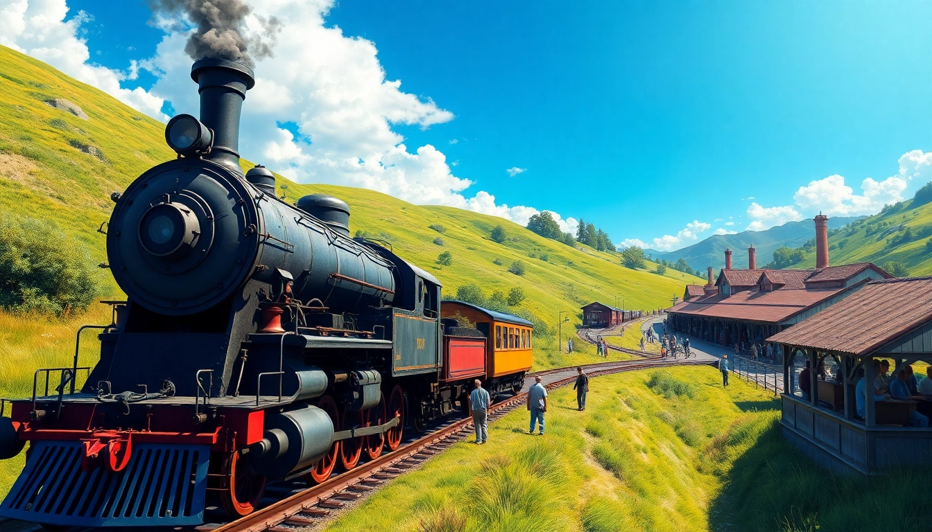 Experience the classic railroad tycoon download featuring vintage steam trains and lively stations.
