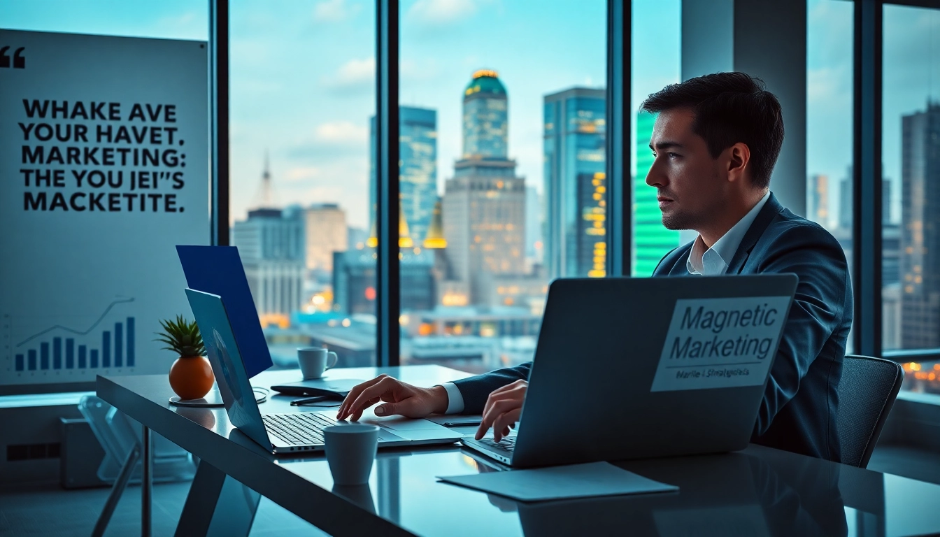 Analyze Magnetic Marketing strategies while working efficiently at a contemporary desk with a city view.