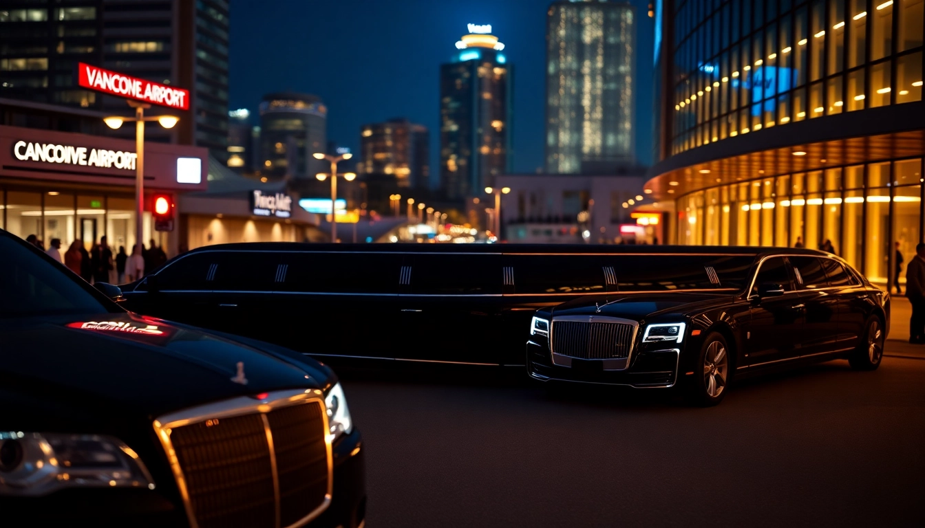 Experience luxurious YVR Limos parked at Vancouver International Airport, showcasing elegance and sophistication.