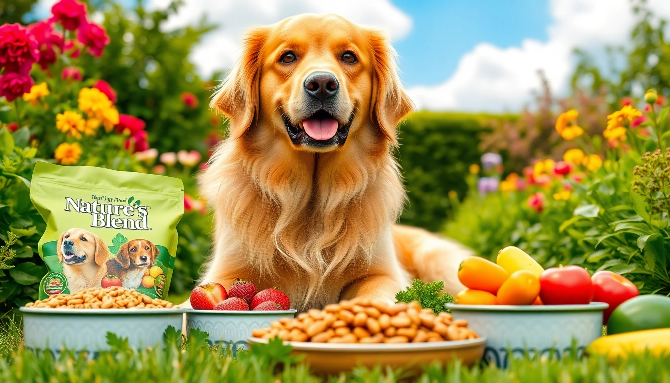 Showcase Golden Retriever enjoying nature's blend dog food canada in a sunny garden setting.