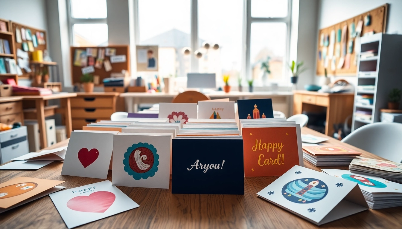 Send greeting cards London with beautiful, creative designs displayed in a vibrant studio atmosphere.