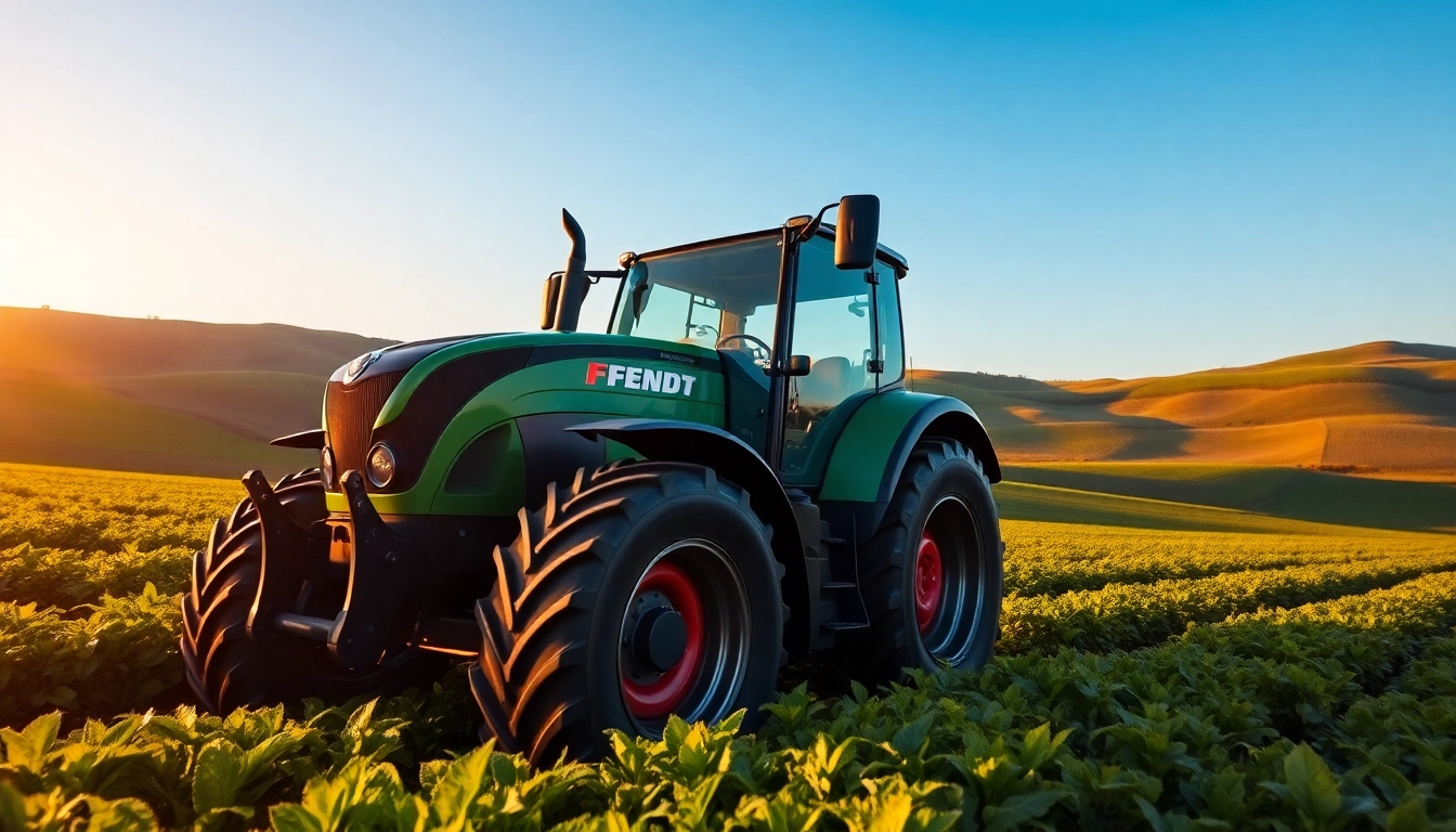 Fendt Traktor arbeitet in einem üppigen Feld mit leuchtenden Farben und Sonnenlicht.