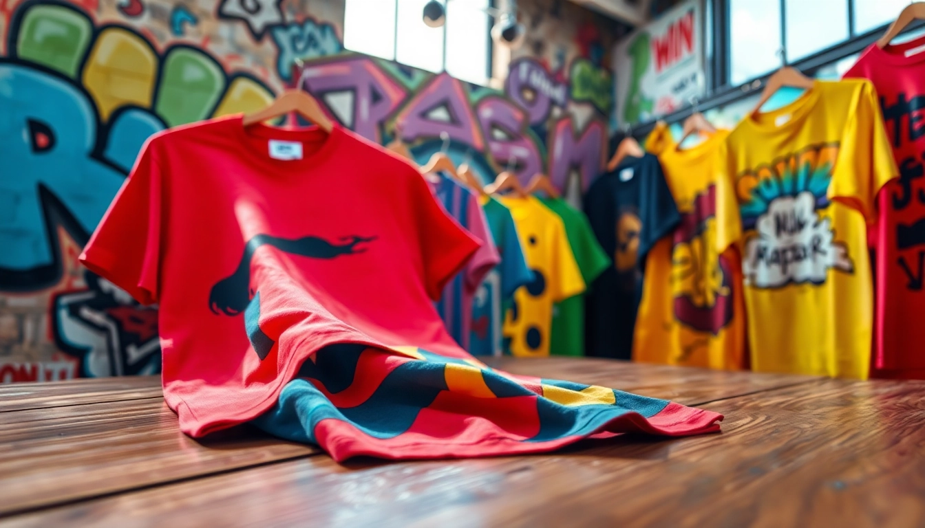 Explore a vibrant graphic t-shirt displayed against an urban backdrop with bright colors.