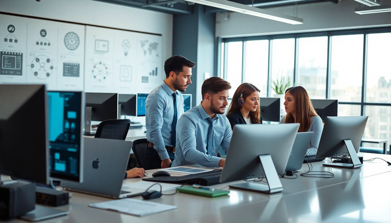 Provide expert managed it support with a diverse team collaborating in a modern workspace.