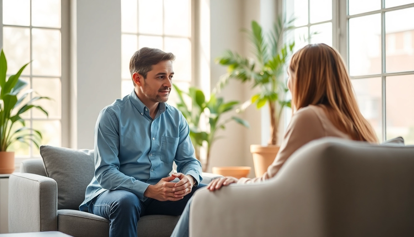 Therapist helping client dealing with anxiety in a calming office space.