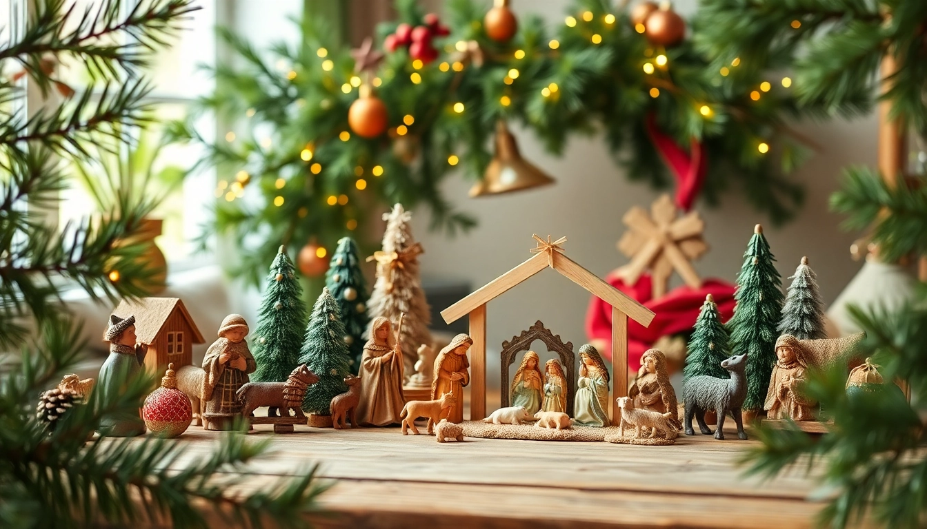 A collection of vibrant Nativity sets displayed on a wooden table, radiating festive warmth and tradition.